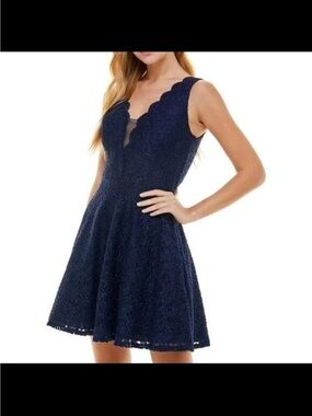 City Studio Junior Womens Blue Vneck Glitter Lace Cocktail Dress SIZE 15.